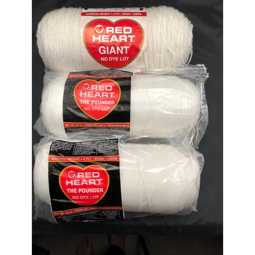 Vintage RED HEART Yarn (3) Skeins White The POUNDER Giant 16oz Worsted 4-ply